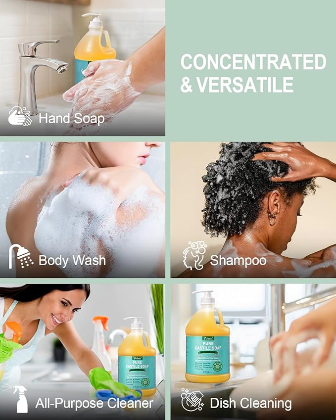 Yoken EWG Verified Organic Castile Soap Liquid (Unscented, 64 oz) Pure Castile Liquid Soap Made With Organic Oil, Clean & Gentle, Natural Castor Oil Soaps for Body & Face Wash, Hands, Dishes, Laundry