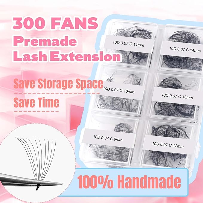 FADLASH Premade Fans Eyelash Extensions 300pcs 10D Premade Lash Fans C Curl Pre Made Fans Lash Extensions Volume Eyelash Extensions Premade Eyelash Fans Loose Fans (10D-0.07C-9-14mm)