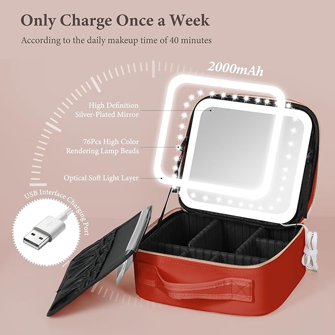Behaesty Travel Makeup Bag with LED Lighted Mirror, Cosmetic Makeup Organizer Bag with 3 Color Setting, Makeup Train Case with Adjustable Dividers for Women Makeup Brushes Jewelry Accessories