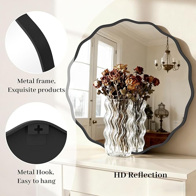 HOMECOOKIN 28 Inch Wavy Round Wall Mirror, Round Wavy Wall Mirror with Aluminum Frame for Bathroom Upgrades, Hotels, Dressing Tables,Farmhouses