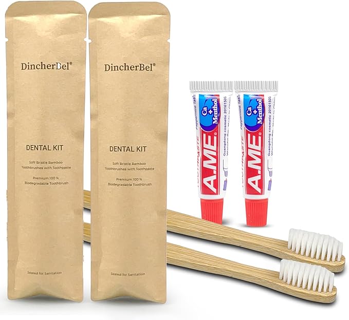 DincherBel Bamboo Toothbrushes Kit Bulk, Disposable Toothbrushes with Toothpaste(6g), Individually Wrapped Toiletries Amenities for Hotel, Airbnb, Homeless, Shelter, Camping and Travel (100 Pack)