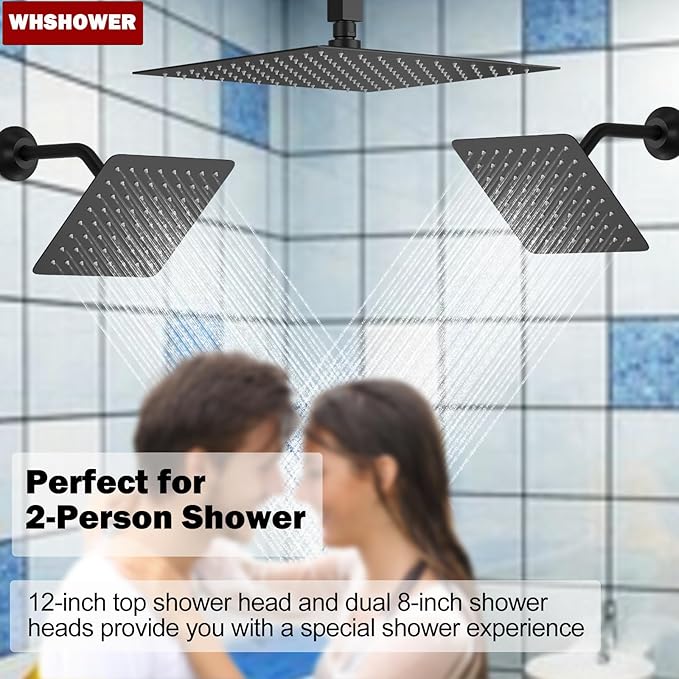 WHSHOWER Rainfall Shower System with 12+8+8" Three Top Shower Heads, Body Jets and Handheld Shower,Matte Black Full Body Shower System with Digital Display Valve
