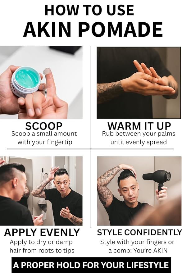 AKIN Official Pomade for Men and Women | Medium Shine Firm Hold | Water Based Flake Free | Easy to Wash Out | 3.3oz Travel Friendly