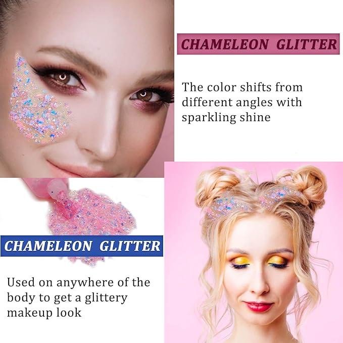 MEICOLY Chameleon Baby Pink Body Glitter,Pink Turn to Purple Face Glitter Paint,Holographic Color Changing Mermaid Face Glitter Gel for Hair,Self-Adhesive Chunky Glitter for Halloween Festival Party