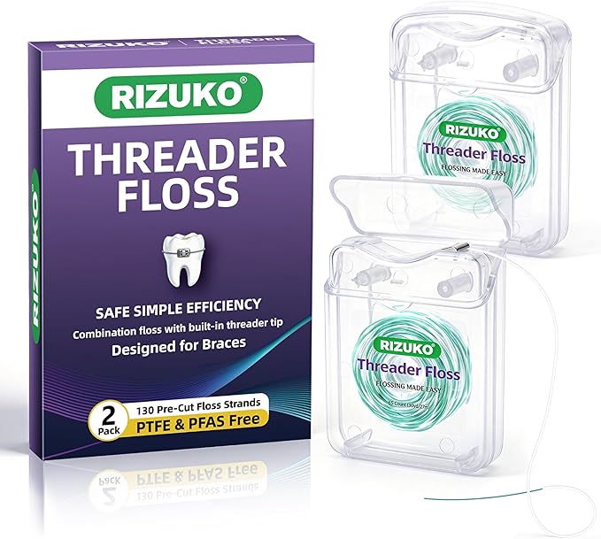 Threader Floss,2-in-1 Dental Floss for Braces, Bridges & Implants,Easy Threading Design,130 Count PTFE & PFAS Free Expanding Floss for Deep Cleaning (65 Count(Pack of 2), Light Mint)