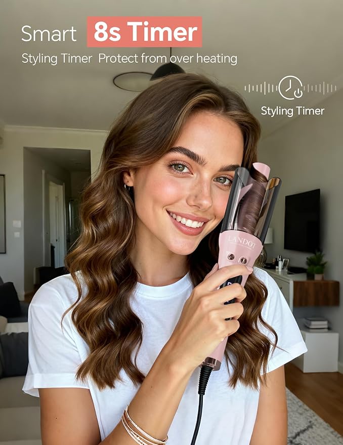 LANDOT Automatic Curling Iron 1-inch: Easy-to-Use Self Curling Wand with Auto Rotation, Anti-Tangle Technology for Beginners, Ideal Gift for Girls & Teens - Charming Pink