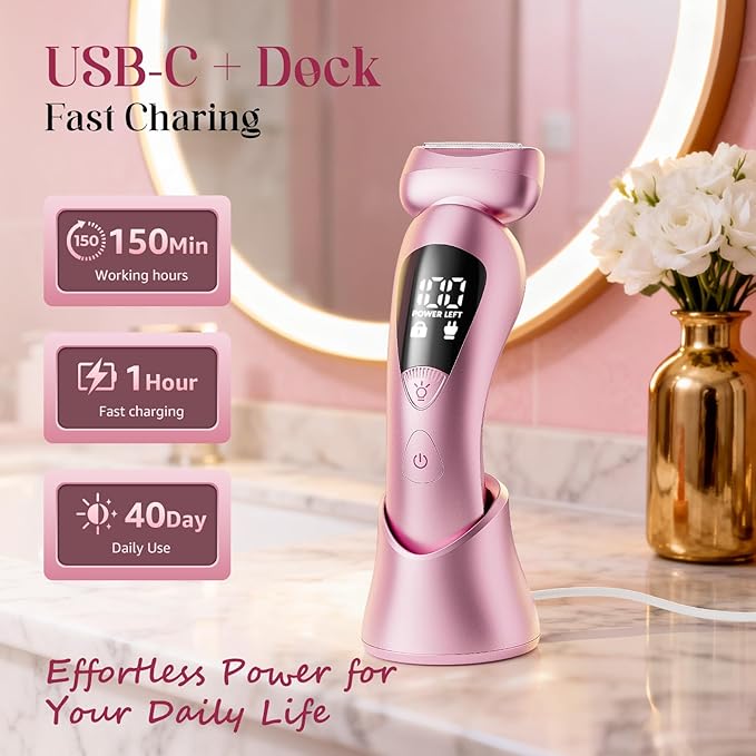 Cordless Electric Razors for Women: Rechargeable Painless Bikini Trimmer for Body Hair - IPX7 Waterproof Shaver with LED Display for Face/Underarm/Leg Light Pink