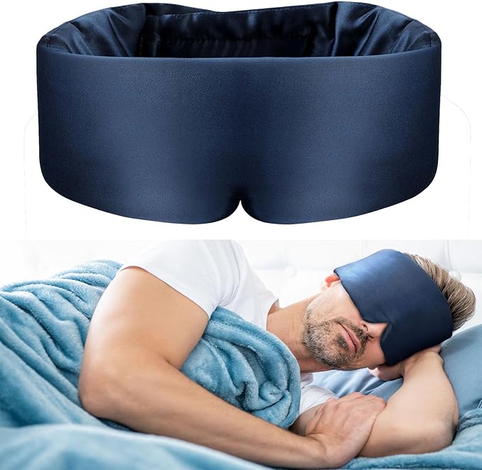 SOLZEK Nature Silk Sleeping Mask Soft Featherweight Eye Mask Large Wrap-Around Blindfold with Adjustable Velcro Blackout for Wild Sleeper Nose Cut (NavyBlue)