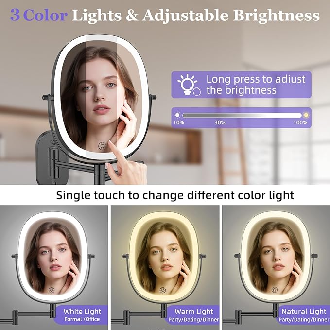 FUNTOUCH 30X/1X Wall Mounted Lighted Makeup Mirror, 5000mAh Rechargeable Oval Double Sided Touch Switch Magnifying Mirror with Light, 3 Color Setting, Extended Arm 360°Swivel Foldable,Black