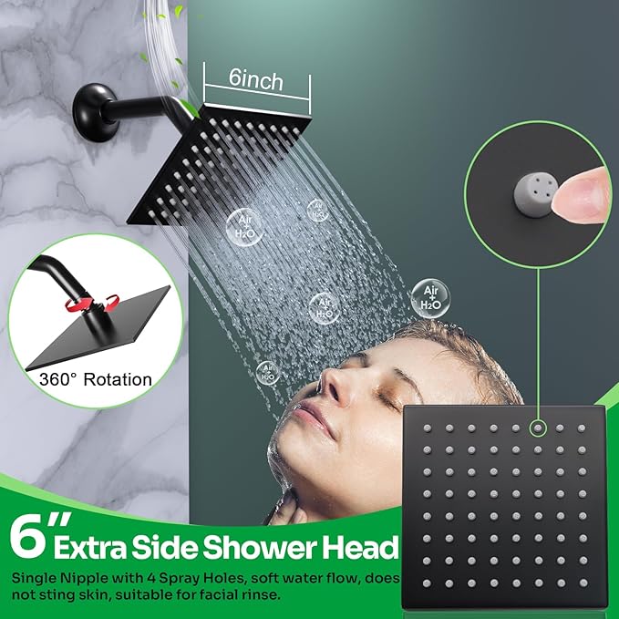 HOMEDEC Luxury Dual Shower System for Couples, 15x28" Rain 4-Function and Dual 6" Side Wall Mounted Shower Heads, with 5-Way Diverter Valves, Black