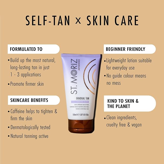 St. Moriz Advanced Firming Gradual Self Tanner – Hydrating Tan Moisturizer with Caffeine for Firmer, Smoother Skin – Natural Gradual Glow in 1–3 Uses – Vegan, 150ml
