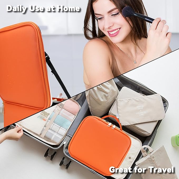 SLUMAZI Travel Makeup Bag with LED Mirror and 10x magnifying glass with 3 Lighted Settings, Adjustable Dividers and Makeup Brush Storage Bag Orange
