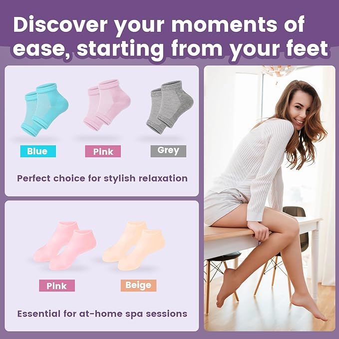 5 Pairs Moisturizing Socks (2 Silicone Socks & 3 Heel Socks) for Dry Cracked Feet, Spa Gel Socks Foot Care After Pedicure, Toeless Socks to Soften and Hydrate Feet Heels