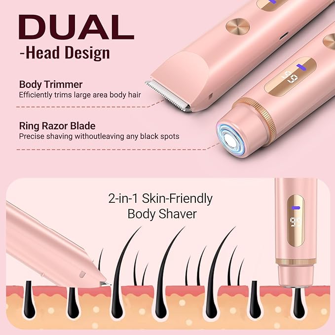 Bikini Trimmer for Women Electric Razors for Women Women's Electric Razor 2 in 1 Shaver Pubic Hair Trimmer Ipx7 Waterproof Wet Dry Use Bikini Shaver for Ladies Pubic, Legs, Face, Underarms (Pink)
