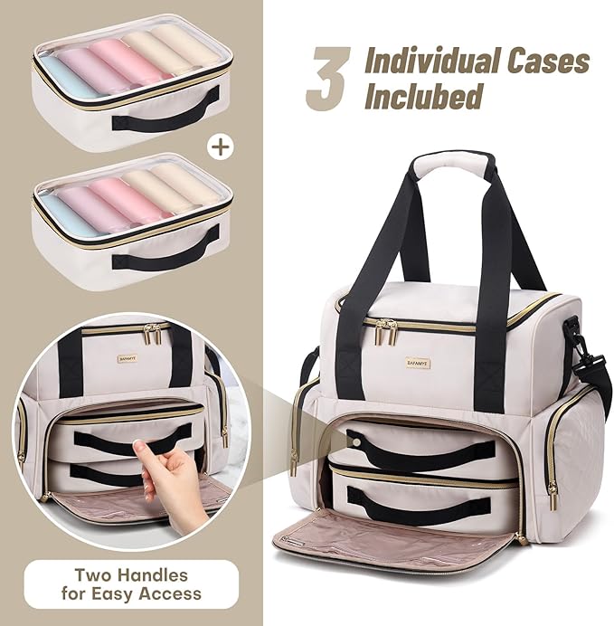 BAFAMYE Large Makeup Cosmetic Bag with 2 Removable Case, Double Layer Travel Makeup Organizer Case, travel Toiletry Bag For Women