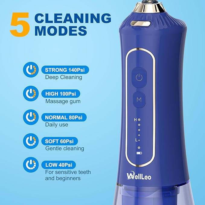 WellLeo Water Flossers for Teeth, 300ML Cordless Oral Irrigator Rechargeable Dental Flosser Picks with 5 Modes 5 Jet Tips,IPX7 Waterproof Teeth Cleaner for Braces Gum Care, Home Travel Use