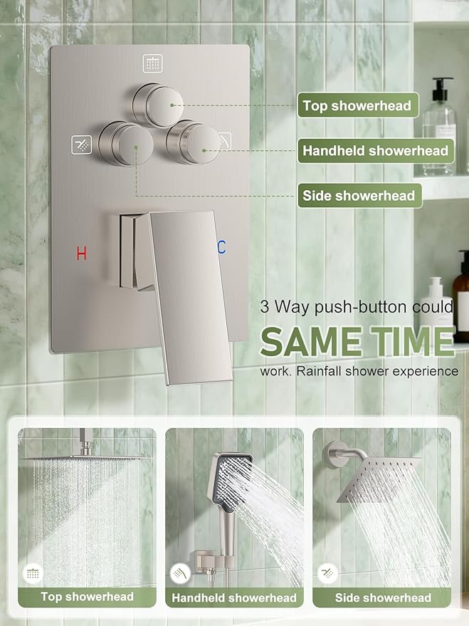 Shower Faucet Set, 10" Ceiling Mount Rainfall Shower System with 10'' Top Head+6'' Side Head and Multi-function Handheld Head Push Button Diverter Shower Faucet Trim Kit