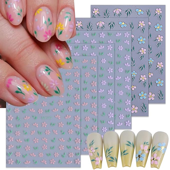 6 Sheets Flowers Nail Art Stickers 3D Floral Self Adhesive Nail Decals Design Purple Pink Blue Flower Nail Art Stickers for Women Girls DIY Manicure Tip Spring Flowers Nail Decoration