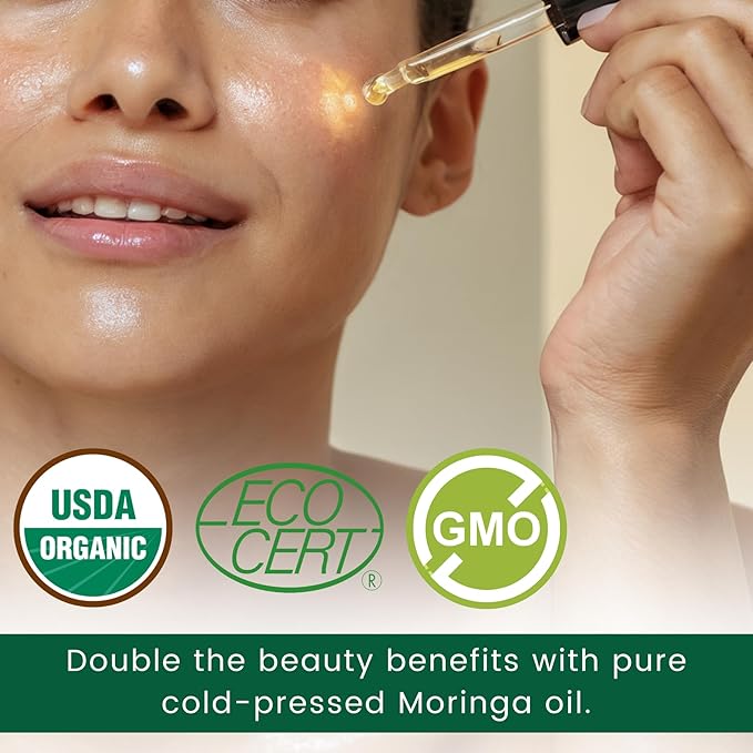 Organic Moringa Oil Bundle – Cold Pressed, Extra Virgin, 100% Pure, Food Grade – 4oz Full Size + 1oz Travel Bottle – Deep Moisturizing, Anti-Aging, Multi-Purpose Skin & Hair Oil
