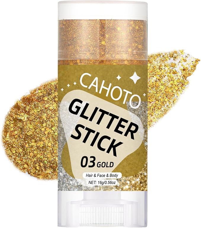 Gold Face Body & Hair Glitter Stick for Singer Concerts Outfit, Shimmer Stick Gel for Women, Sparkling Holographic Chunky Sequins for Mardi Gras Rave Festival Halloween Carnival, 0.56oz