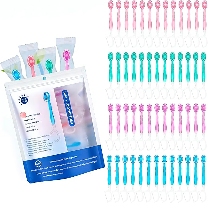Disposable Travel Toothbrushes with Toothpaste, Individually Wrapped Mini Single Use Toothbrushes, No Water Needed Toothbrushes with Tongue Scraper for Travel, Hotel, Camping (104Packs)