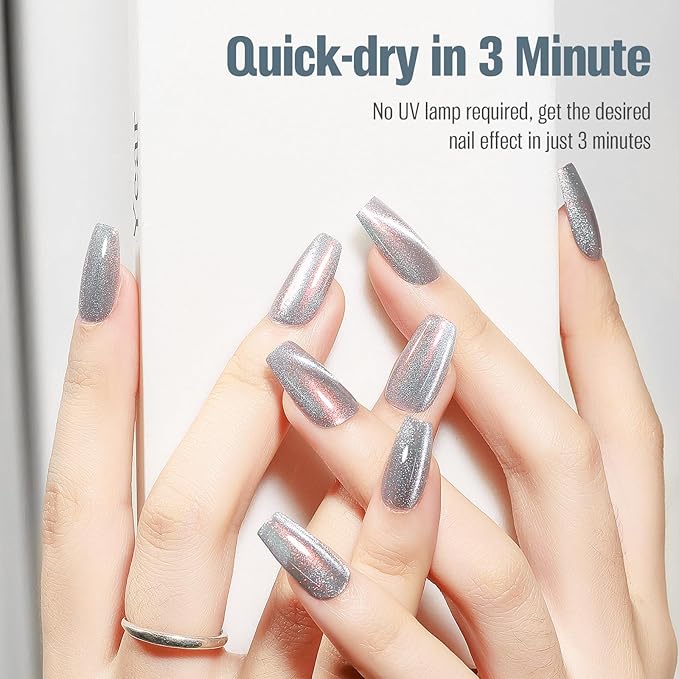 Cat Eye Nail Polish 15ml Holography Silver, Fast Dry Nail Polish with Magnet Regular Cateye Air Dry Oil-Base Glossy Magnetic Nails Polish Non Gel for Home Salon