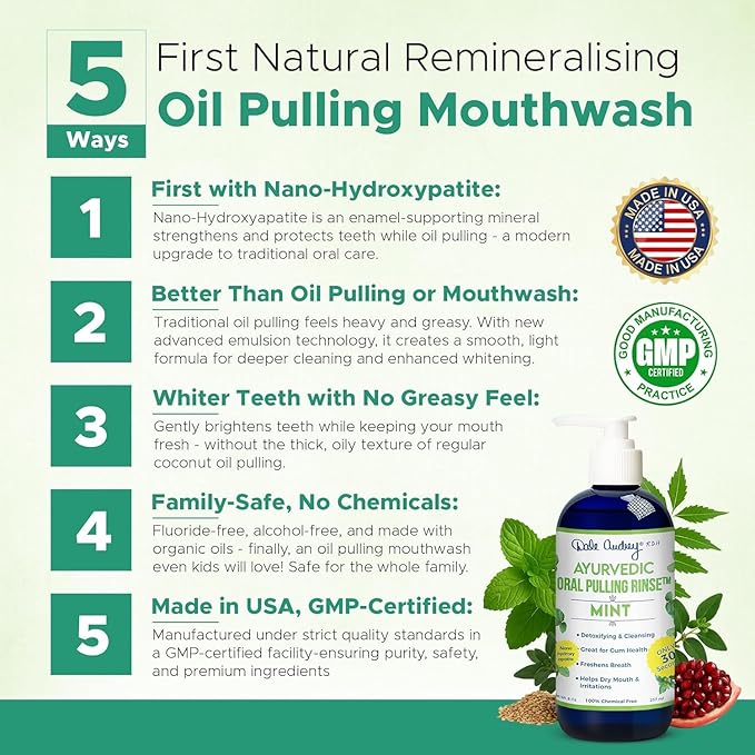 Dale Audrey Nano Hydroxyapatite Mouthwash Oil Pulling for Teeth and Gums | Mint Flavored Organic Mouthwash for Bad Breath | Essential Oils for Teeth Whitening & Fresh Breath Natural Mouthwash 8 oz