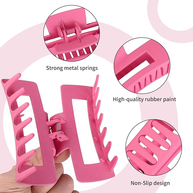 4 Inch Big Hair Claw Clips 6 Pcs Large Claw for Thick Hair Square Hair Clips for Women Rectangle Hair Clips Nonslip Acrylic Banana Jaw Clips Hair Accessories for Girls (Pink)