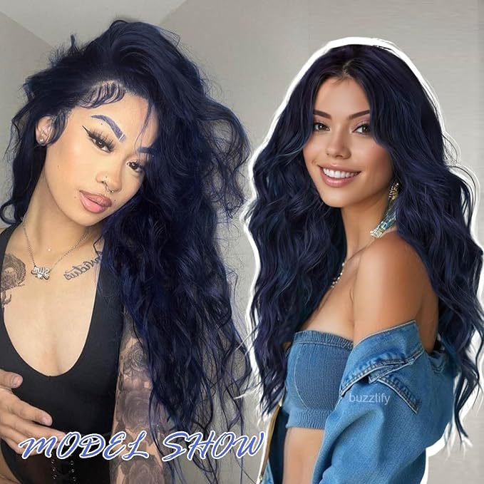 AISI HAIR Dark blue Wigs for Women, Long Wavy Lace Hairline Middle Part Synthetic Heat Resistant Wig for Daily Party-26 Inch