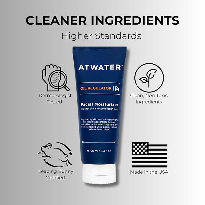 ATWATER Mens Face Moisturizer with Oil Control Complex, Unscented Lightweight Formula - Mens Face Lotion for Oily Skin that Hydrates and Controls Shine - 3.4 oz