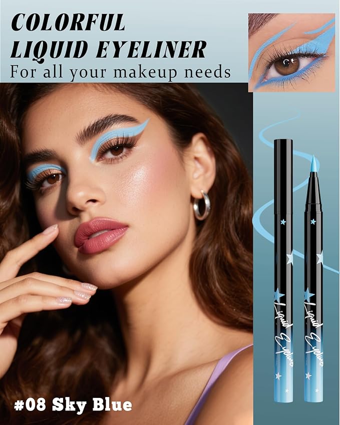 Colored Liquid Eyeliner Pen, Sky Blue Waterproof Waterline Matte Eye Liner Pencil, High Pigmented Long Lasting Quick Drying Colorful Eyeliner Pencils for Women, Valentine’s Day Eye Makeup Gifts-08
