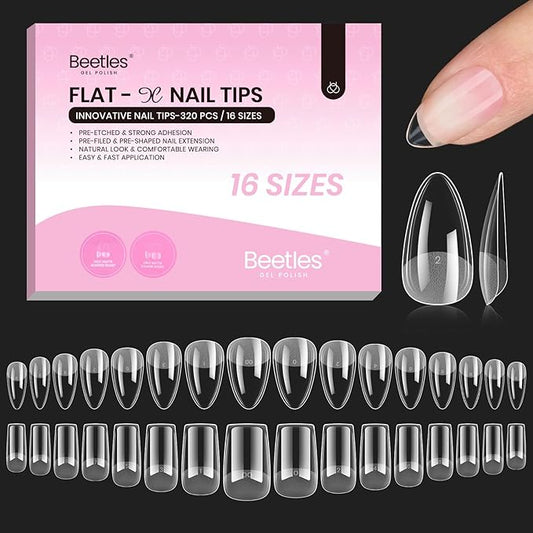 Beetles Gel Nail Tips Flat-X - Almond Square Short, 320pcs 16 Sizes, Pre-Etched Half Matte Full Cover Soft Acrylic False Nail Tips Easy DIY Press on Nail Extension Salon for Flat & Natural Nail Beds