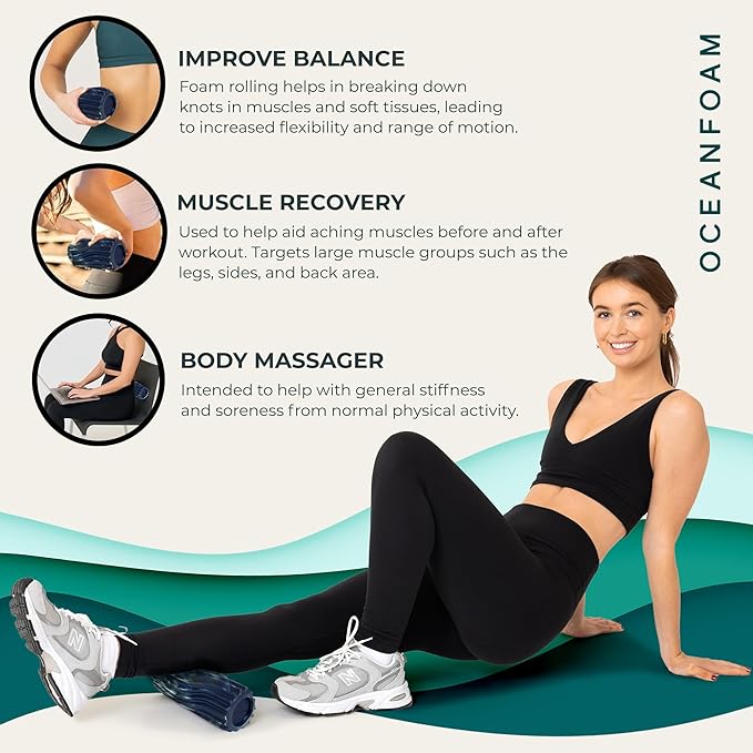 Oceanfoam Ripple Travel Foam Roller (11" x 3.35") Firm Mini Foam Roller for Physical Therapy, Deep Tissue Massage, Back Pain - High Density, Wave Textured - Yoga (Dark Navy, Hunter & Seafoam Marbled)