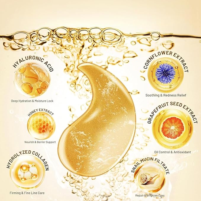 Under Eye Patches Masks - 24K Gold Eye Patch for Dark Circles & Puffy Eyesg,Fine Lines,Eye Bags, Wrinkle,Contains Caffeine and Collagen, Hydration for Women and Men, (60 Pcs) Gold