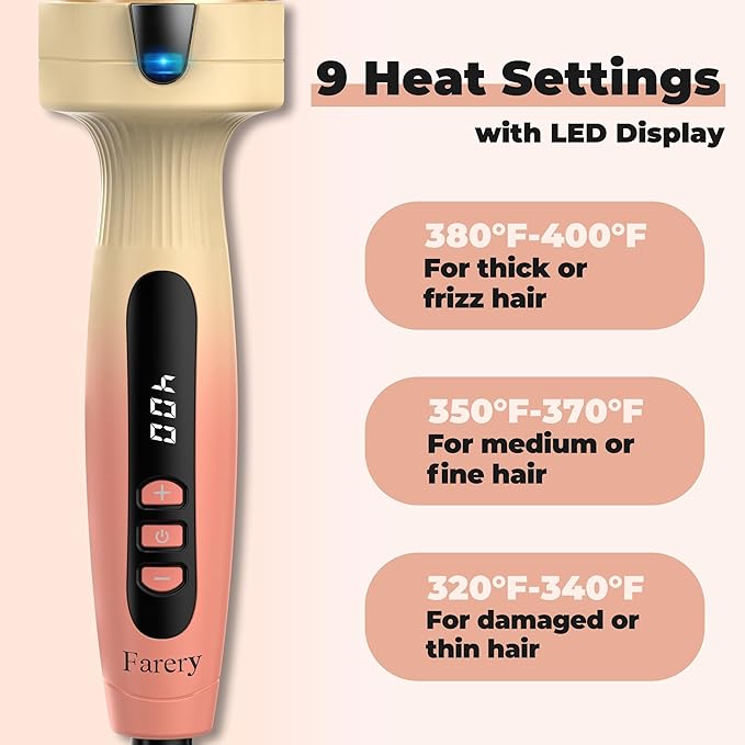 Farery 1.77-Inch Thermal Brush - Ceramic Ionic Heated Round Brush for 90's Full-Bodied Style, Volumizing, Smooth Hair & Natural Curls, Dual MCH Heating, Digital Display, 9 Temperature, Dual Voltage