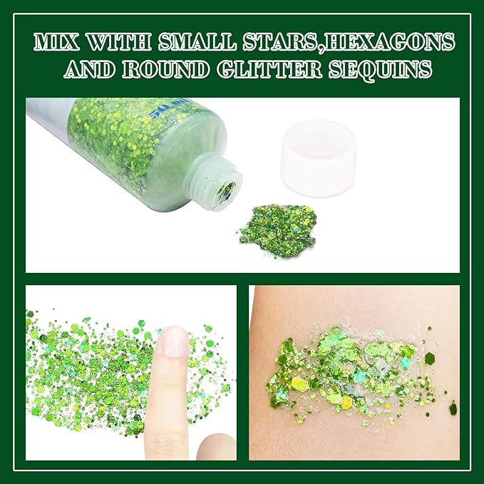 MEICOLY Lime Green Face Body Glitter,Holographic Face Glitter Self-Adhesive,Light Green Body Glitter,St Patricks Day Accessories,Chunky Glitter Face Paint for Party Festival Halloween