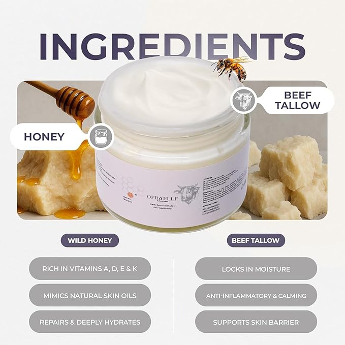Opraelle Beef Tallow Moisturizer for Face & Body – Tallow & Honey Balm for Deep Hydration – 100% Natural Skin Cream for Dry, Sensitive & All Skin Types, Nourishing Moisturizing Balm – 2oz + Applicator