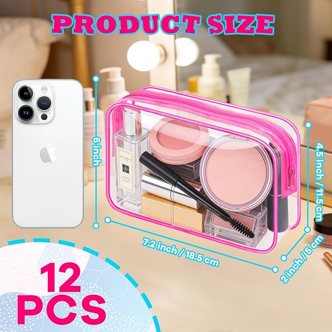 Eilyliafe 12PCS Clear Cosmetic Bag Transparent Makeup Bag for Women Men Waterproof Travel Makeup Clear Toiletry Organizer Cosmetic Storage Pouch Case with Zipper (Rose Red, Medium)