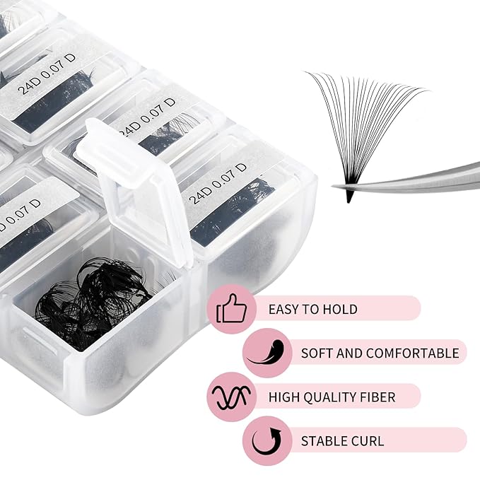 FADLASH Volume Lash Extensions 600pcs 24D Premade Fans Eyelash Extensions D Curl Pointy Base Pre Made Fans Lash Extension Mixed Tray Eyelash Extension Premade Fans (24D-0.07D-14-20mm), Black
