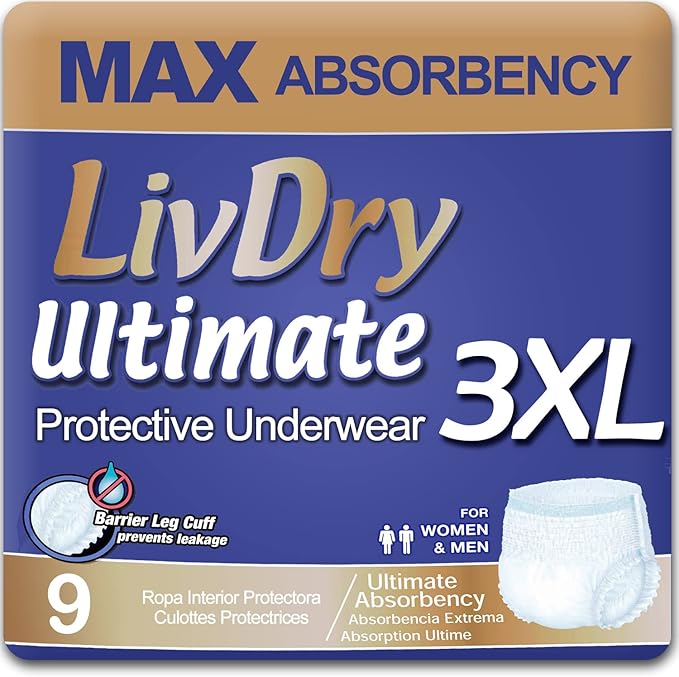 LivDry Ultimate 3XL Adult Incontinence Underwear, Max Absorbant Diapers for Women and Men, XXXL 72” -92" Waist, Leak Proof Cuff, XXX-Large, 9 Count