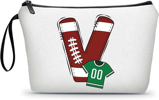 ARIOSEY Football Initial Birthday Graduation Gifts Cosmetic Travel Toiletry Bags Football Accessories Party Favors for Women Girls Daughter Niece Team Coach Friends -V