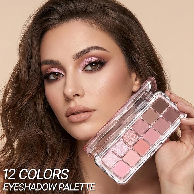Erinde 12 Colors Eyeshadow Palette, Peach Brown Neutrals & Nude Eye Shadow Makeup, Matte Shimmer Glitter Finishes, Long Lasting Ultra-Blendable Waterproof Eyeshadow Powder for Daily & Party, 04