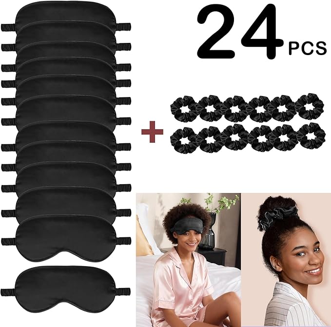 24Pcs Satin Eye Mask Silk Sleep Masks Silky Eyes Cover Blackout Blindfold Eyeshade Scrunchies Hair Ties Travel Wedding Gift
