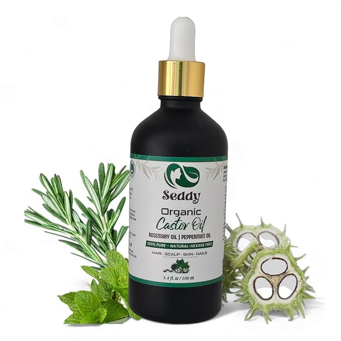 Seddy Organic Castor Oil with Rosemary & Peppermint Hair Growth Oil, Eyelashes, Eyebrows, Skin, & Nails | Hair and Scalp Treatment Oil - 3.4 Fl. Oz