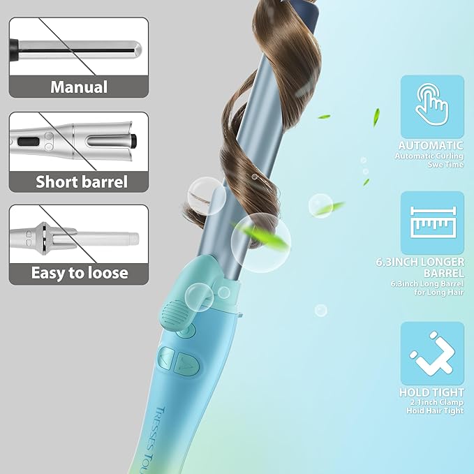 Extra-Long Barrel Rotating Curling Iron with Clamp, Automatic Curling Iron 1 Inch, 30s Fast Heating to 410°F & Home Button for Fast Styling & Lasting Results, Universal Voltage for Travel, Blue Green