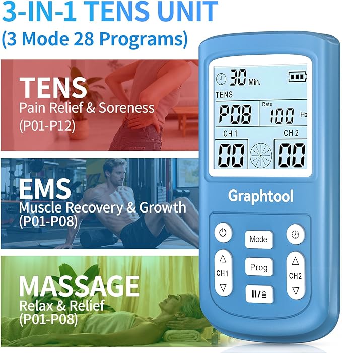 TENS Unit Muscle Stimulator, 3-in-1 28 Modes TENS EMS Massage Machine, Dual Channel with 8 Electrodes and Storage Bag, Portable Pain Relief Machine for Back, Neck, and Muscle Recovery