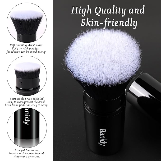 Makeup Brush Kabuki Face Brushes Retractable Travel Blush Brush Portable Flawless for Foundation, Powder Blush, Bronzer, Buffing, Liquid, Cream, Cruelty Free with Cover(Flat-Head)