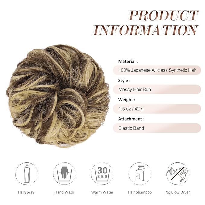FESHFEN Messy Bun Hair Piece - Wavy Synthetic Chignon Scrunchies for Instant Volume, Elastic Bun Ponytail Hair Extensions Thick Hairpieces for Women, Light Brown & Blonde 1.50 oz