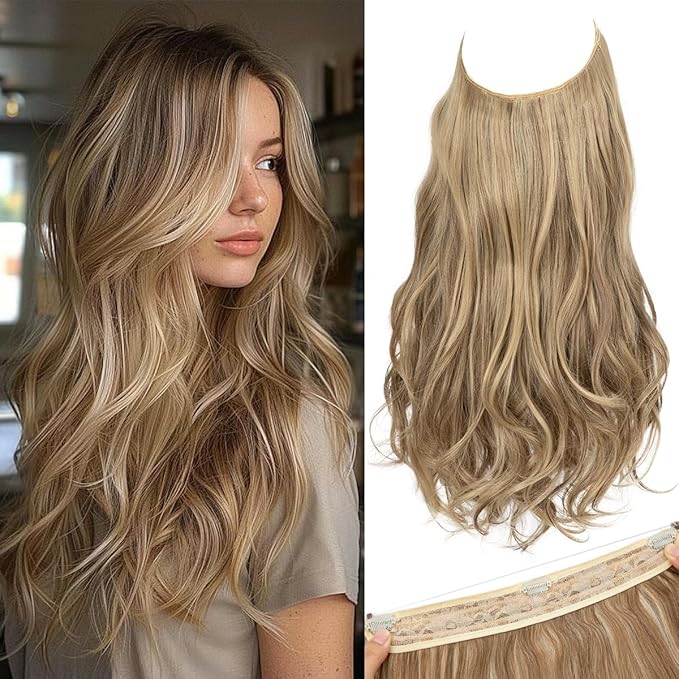 SARLA Invisible Wire Hair Extensions with 3 Clips Short Wavy Curly Synthetic Hairpiece for Women Adjustable Transparent Headband 14 Inch Sand