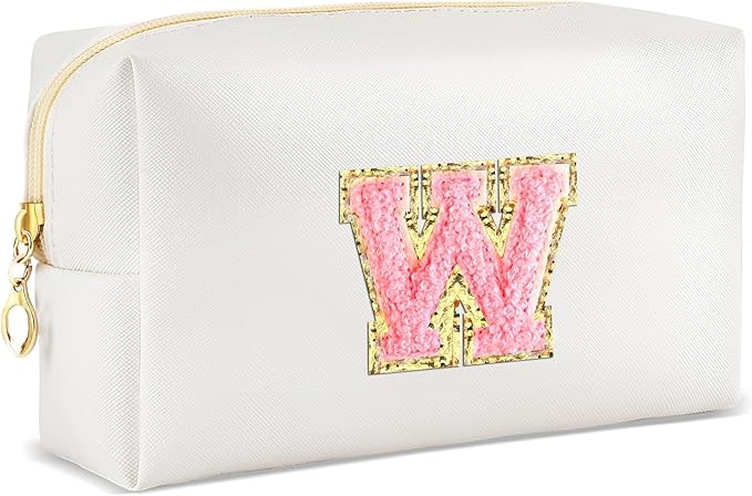 URSKYTOUS Initial Makeup Bag Personalized Preppy Travel Small Cosmetic Bag Cute PU White Chenille Letter Makeup Pouch for Purse Waterproof Zippered Toiletry Organizer for Women Girls Kids Friends (W)